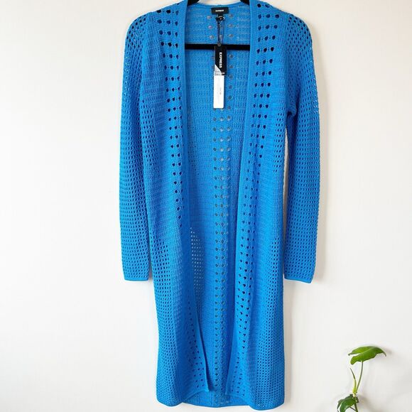 Express Crochet Long Line Cardigan Duster Open Knit Blue Size XS NWT’s - Picture 3 of 10